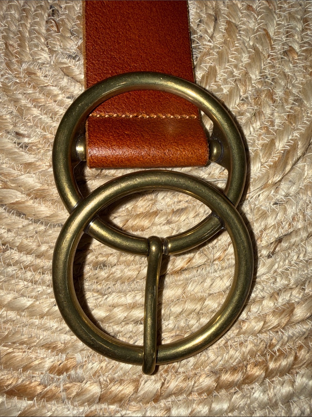 Genuine Leather Double Ring Belt Cognac Brown Brass Buckle Size L - Picture 4 of 8